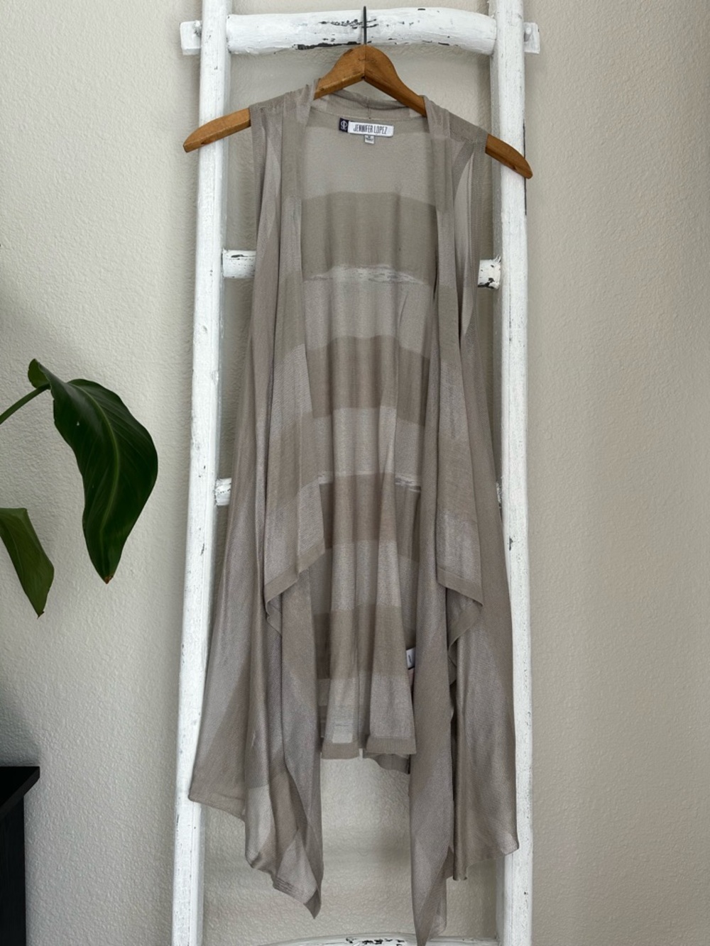 Jennifer Lopez Sheer Taupe Knit Draped Sleeveless Top